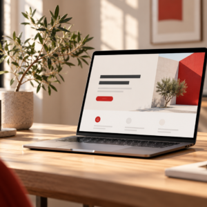 Bureau de création avec une landing page affichée sur un ordinateur portable