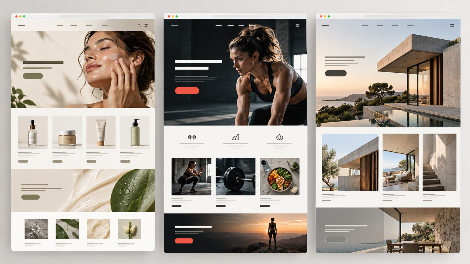 Trois exemples visuels de landing pages pour beauté, fitness et architecture